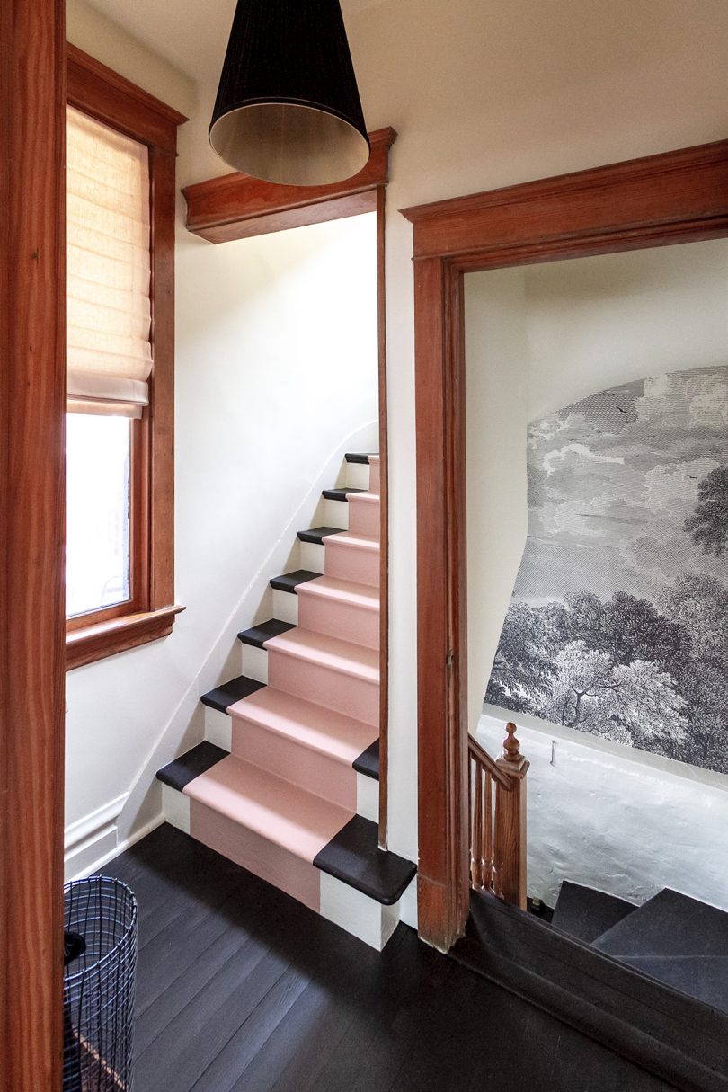 Pink Painted Stair Runner, Etched Arcadia Wallpaper Mural | Making it Lovely