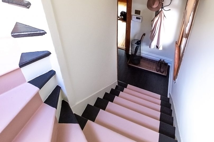 Painted Pink Stair Runner on Black and White Stairs | Making it Lovely