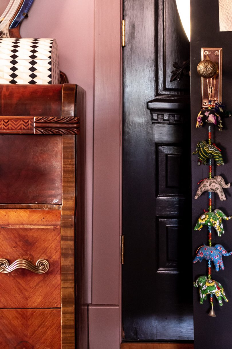 Antique Art Deco Dresser, Black Painted Doors, Fabric Elephants Hanging
