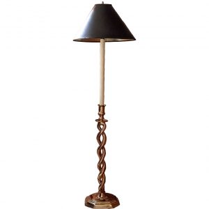 Vintage Floor Lamp, Brass and Candlestick Base, Black Tapered Shade